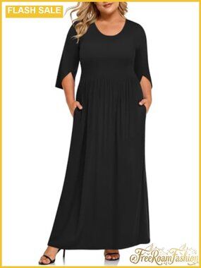 Plus Size Maxi Dress 3/4 Sleeve Casual Long Dress with Pockets Rayon Blend